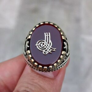 Akik Taşlı Tuğralı Erkek Gümüş Yüzük MY102076