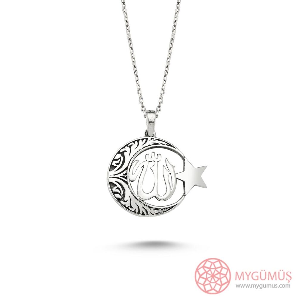 Allah C.C Yazılı Ay Yıldız Gümüş Kolye MY100125