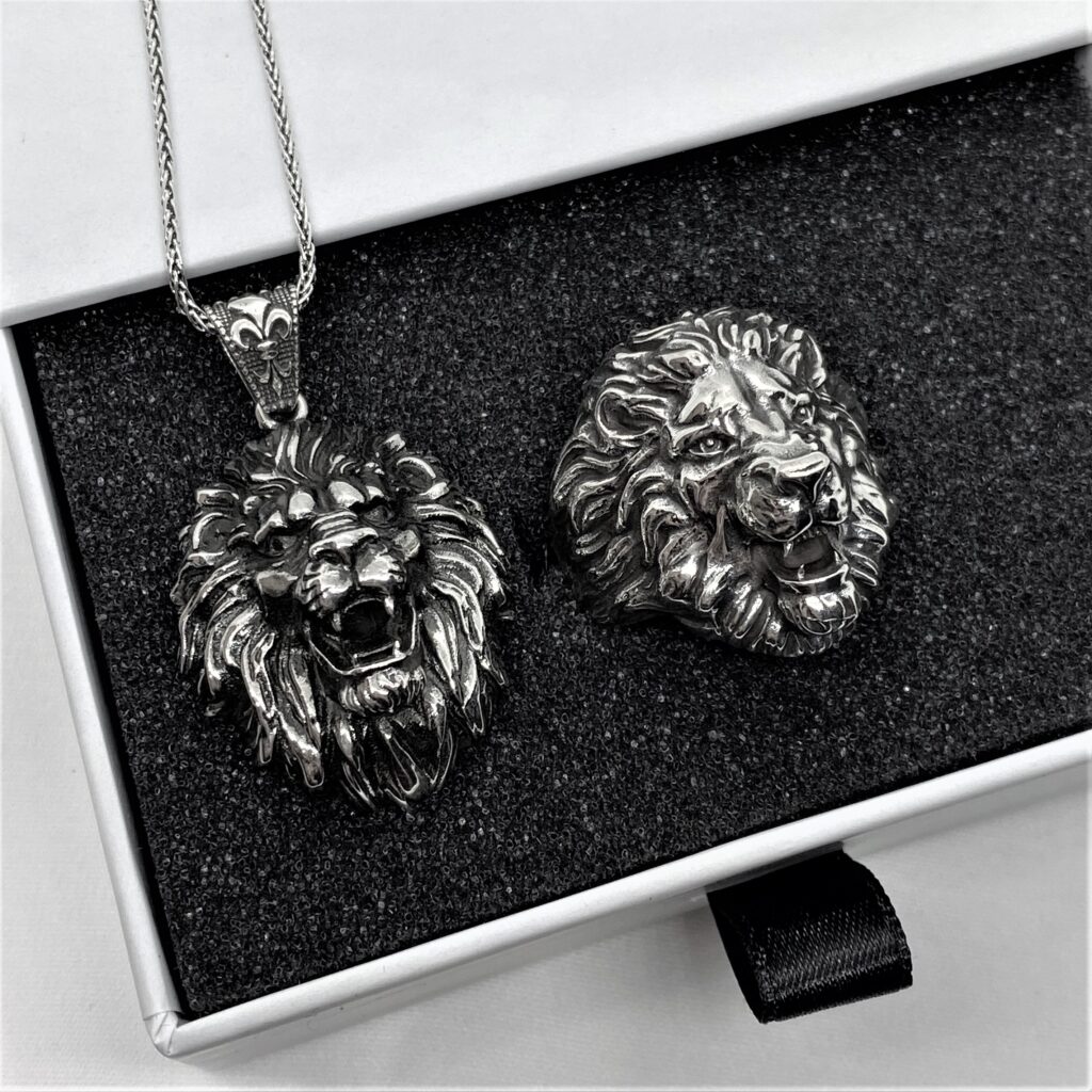 Aslan Başlı Erkek Gümüş Yüzük Kolye Set MY102514