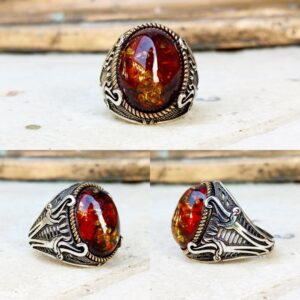 Ateş Kehribar Taşlı Kılıç Motifli Erkek Gümüş Yüzük MY102128