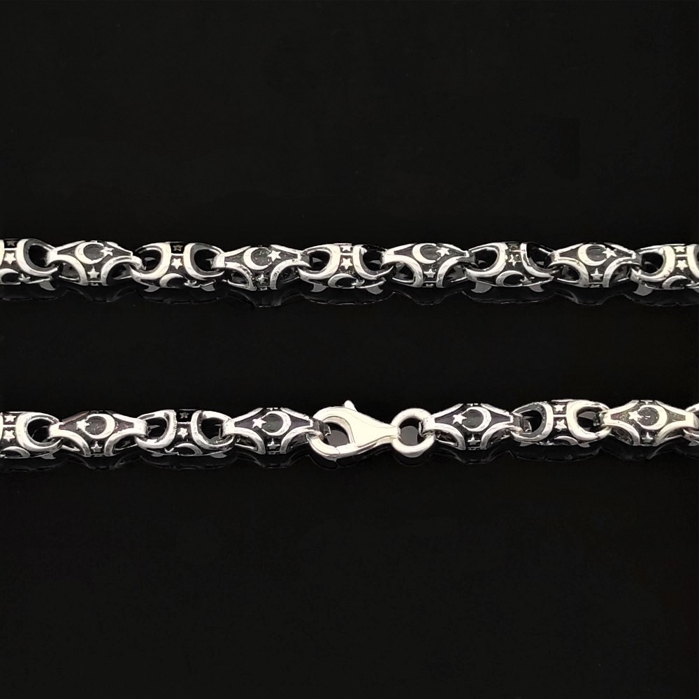 Ay Yıldız Desenli Otantik Erkek Gümüş Zincir MY102538