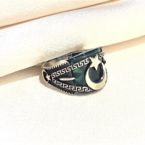 Ayyıldızlı Yeşil Akik Taşlı Erkek Gümüş Yüzük MY102398