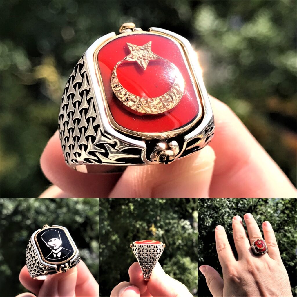 Çift Taraflı Ay Yıldız Atatürk İşlemeli Erkek Gümüş Yüzük MY102435