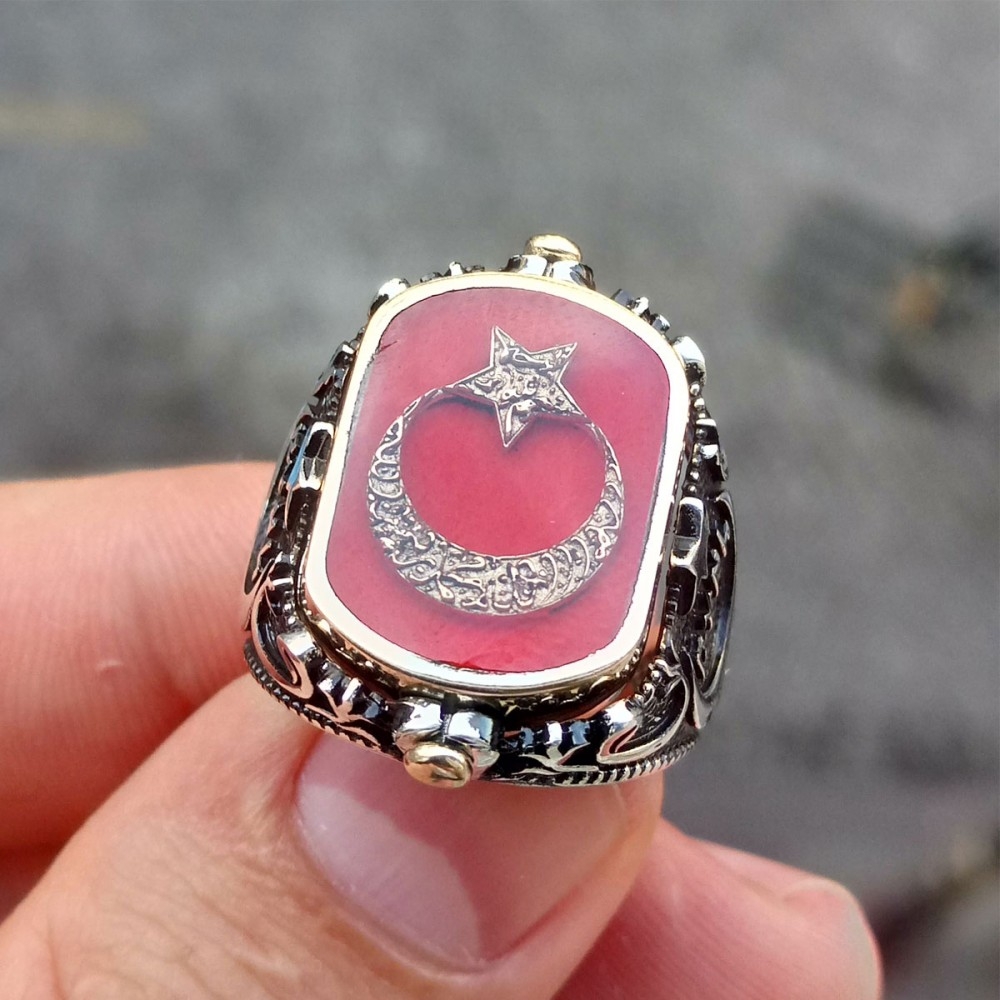 Çift Taraflı Ay Yıldız Ve Osmanlı Arması Erkek Gümüş Yüzük MY1011051 - Görsel 2