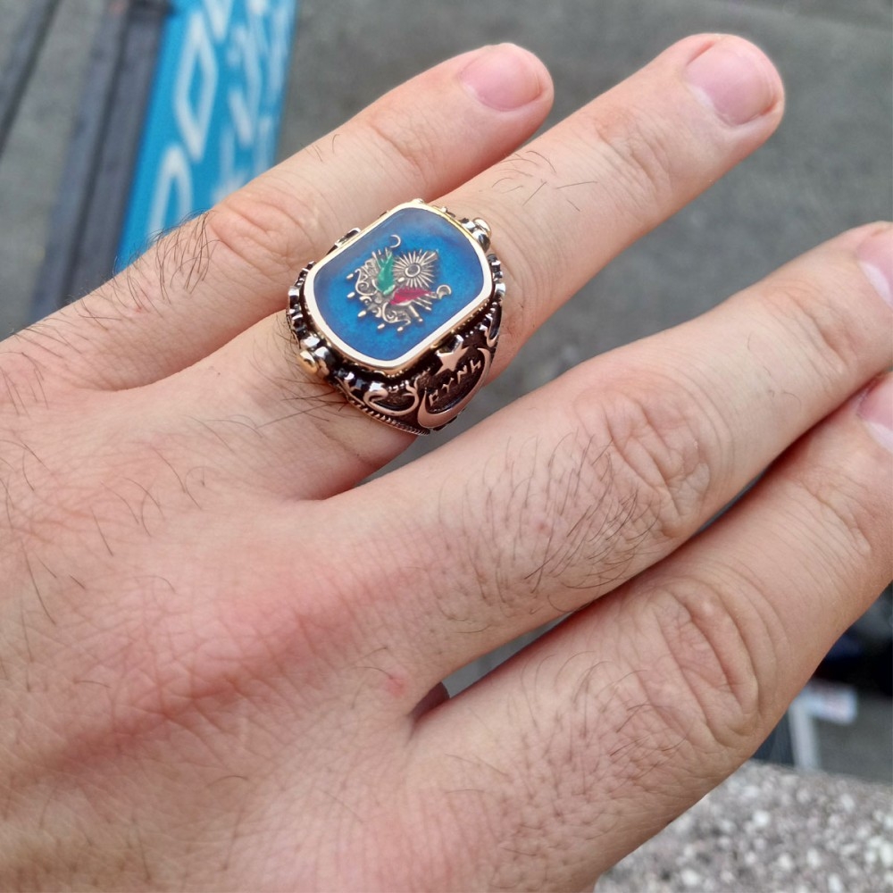 Çift Taraflı Ay Yıldız Ve Osmanlı Arması Erkek Gümüş Yüzük MY1011051 - Görsel 3