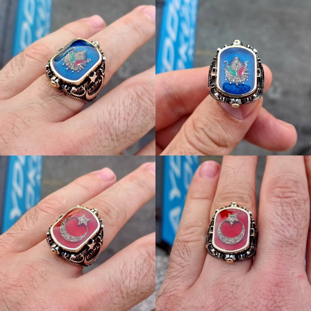 Çift Taraflı Ay Yıldız Ve Osmanlı Arması Erkek Gümüş Yüzük MY1011051