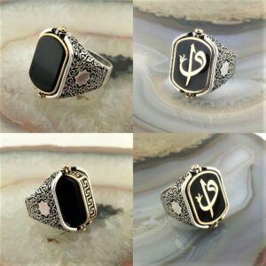 Çift Taraflı Elif Vav İşlemeli Siyah Taşlı Erkek Gümüş Yüzük MY102434