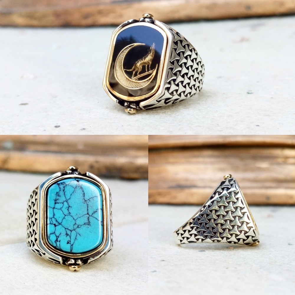 Çift Taraflı Firuze Taşlı Bozkurt Erkek Gümüş Yüzük MY102127