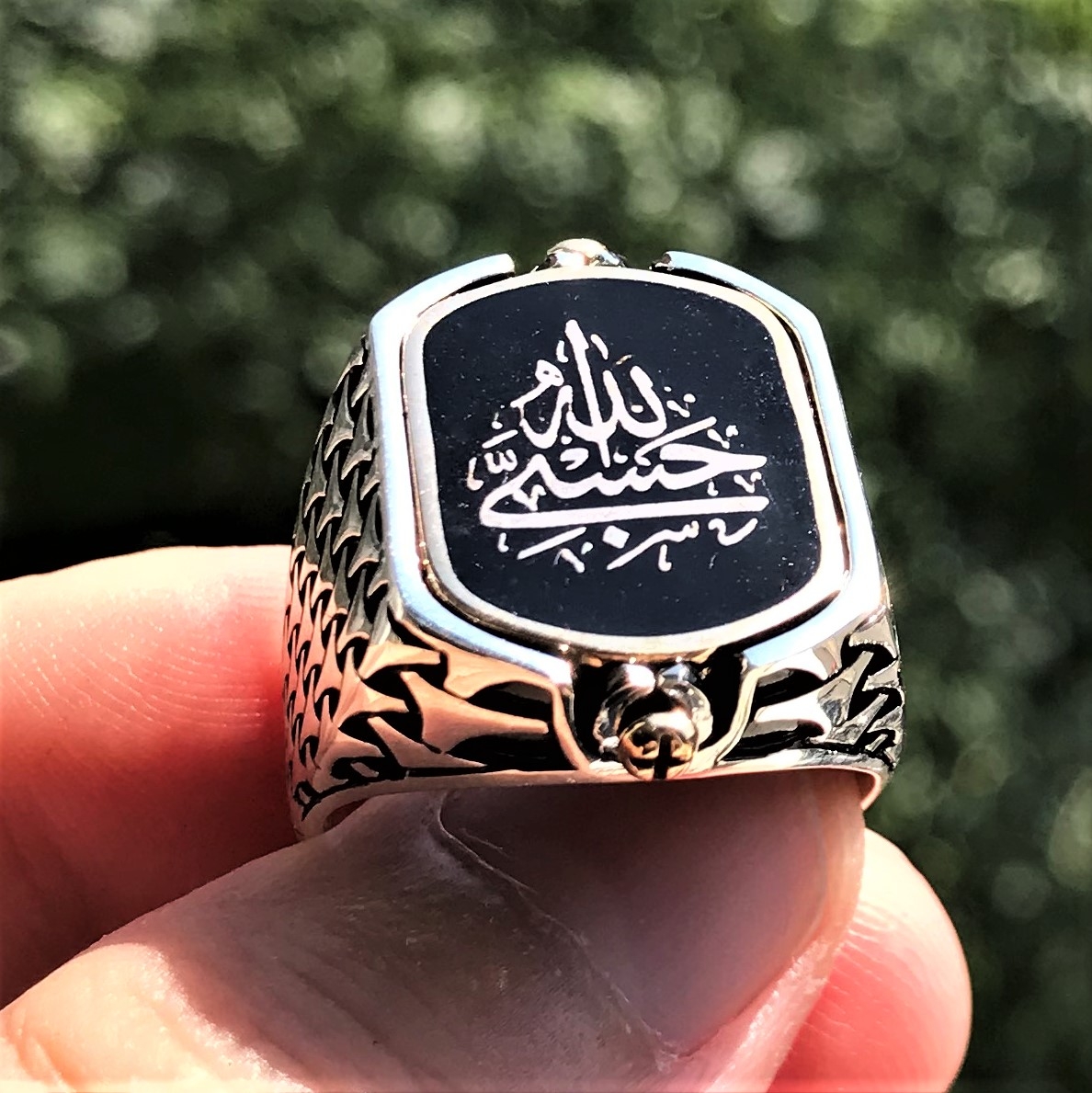 Çift Taraflı HasbiAllah Yazılı Siyah Oniks Taşlı Erkek Gümüş Yüzük MY102436