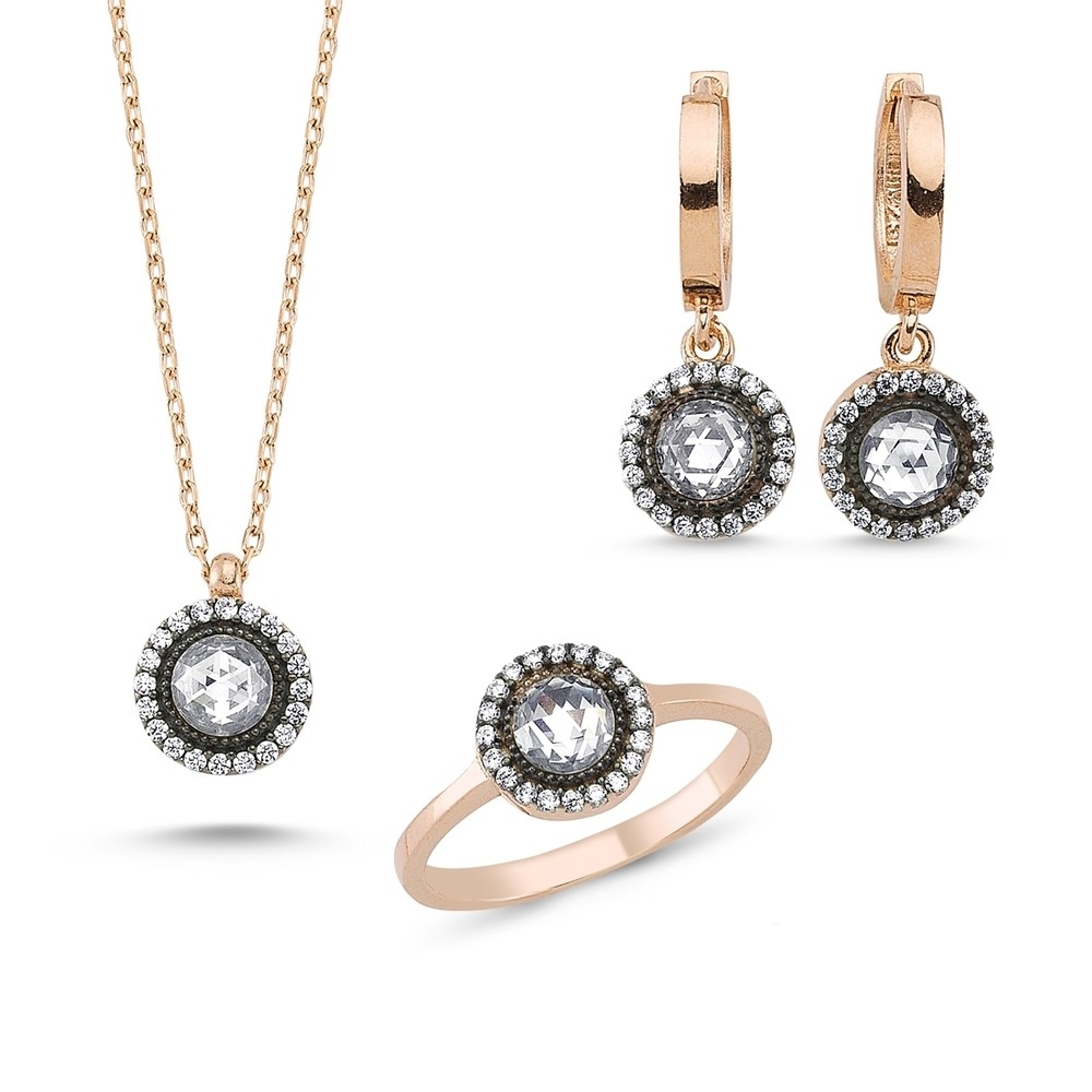 Elmas Efektli Gümüş Kolye Küpe Yüzük 3'lü Set MY101109