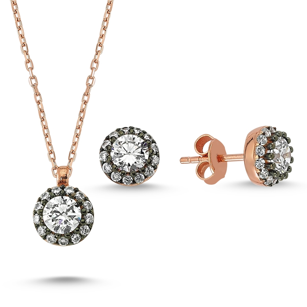 Elmas Montürlü Gümüş Kolye Küpe Miniset  MY001002