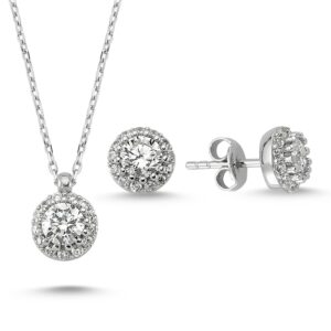 Elmas Montürlü Gümüş Kolye Küpe Miniset  MY001005