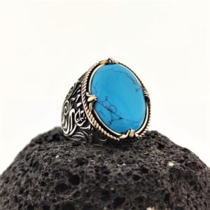 Firuze Taşlı Lale Motifli Erkek Gümüş Yüzük MY102527