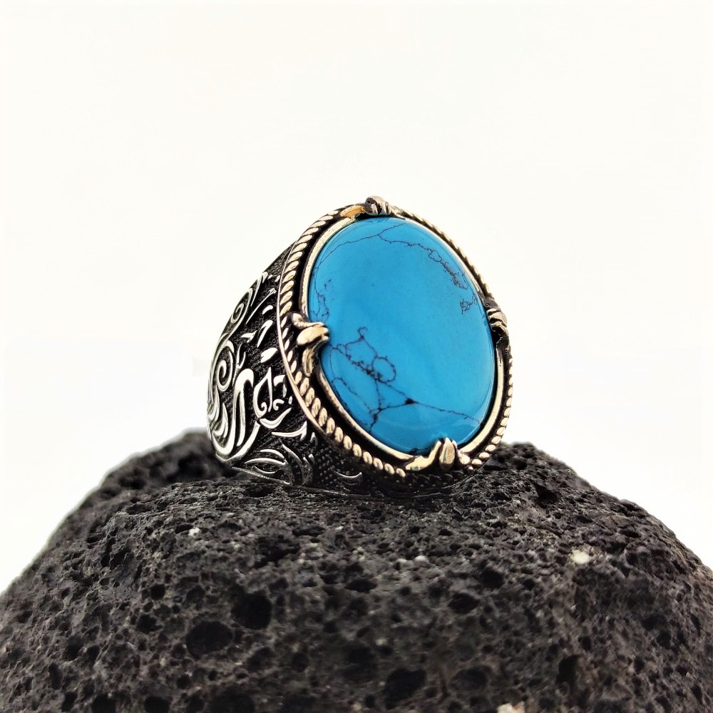 Firuze Taşlı Lale Motifli Erkek Gümüş Yüzük MY102527