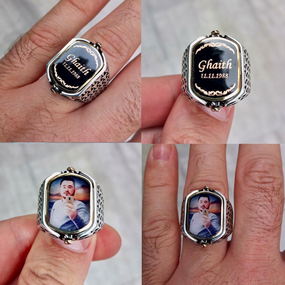 Fotoğraflı İsme Özel Çift Taraflı Gümüş Erkek Yüzük MY102144