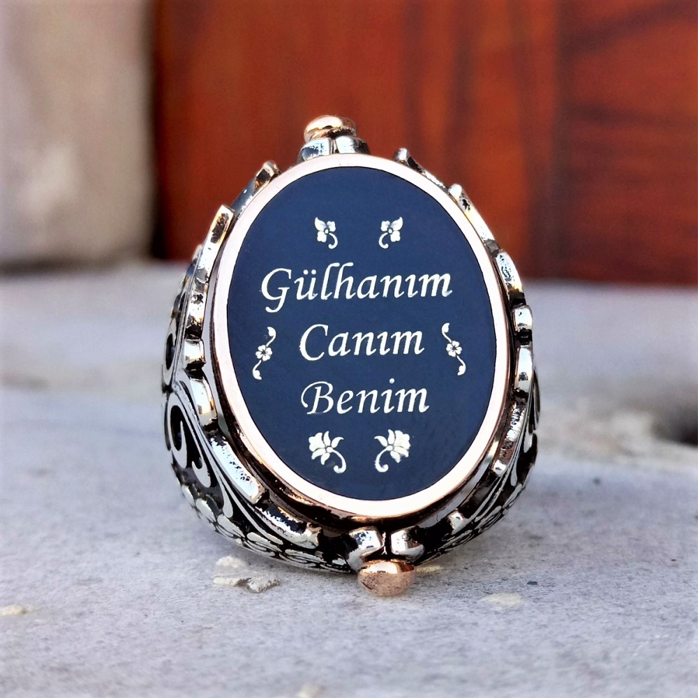 İsme Özel Çift Taraflı Navi Mineli Osmanlı Tuğralı Gümüş Erkek Yüzük MY102493
