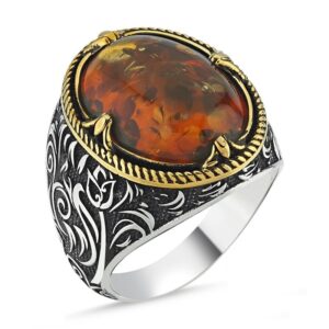 Kehribar Taşlı Erkek Gümüş Yüzük MY101823