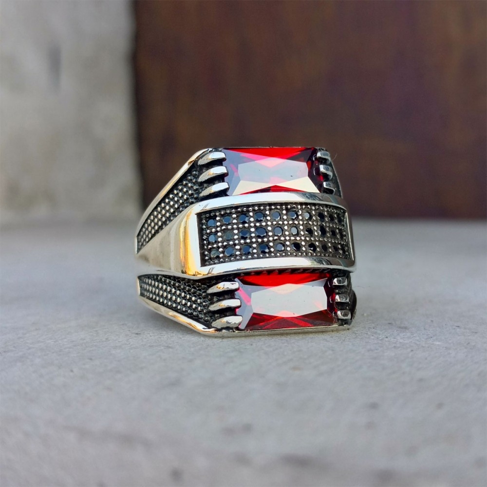 Kırmızı Baget Taşlı Erkek Gümüş Yüzük MY1011027 - Görsel 3