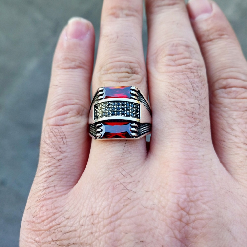 Kırmızı Baget Taşlı Erkek Gümüş Yüzük MY1011027 - Görsel 4