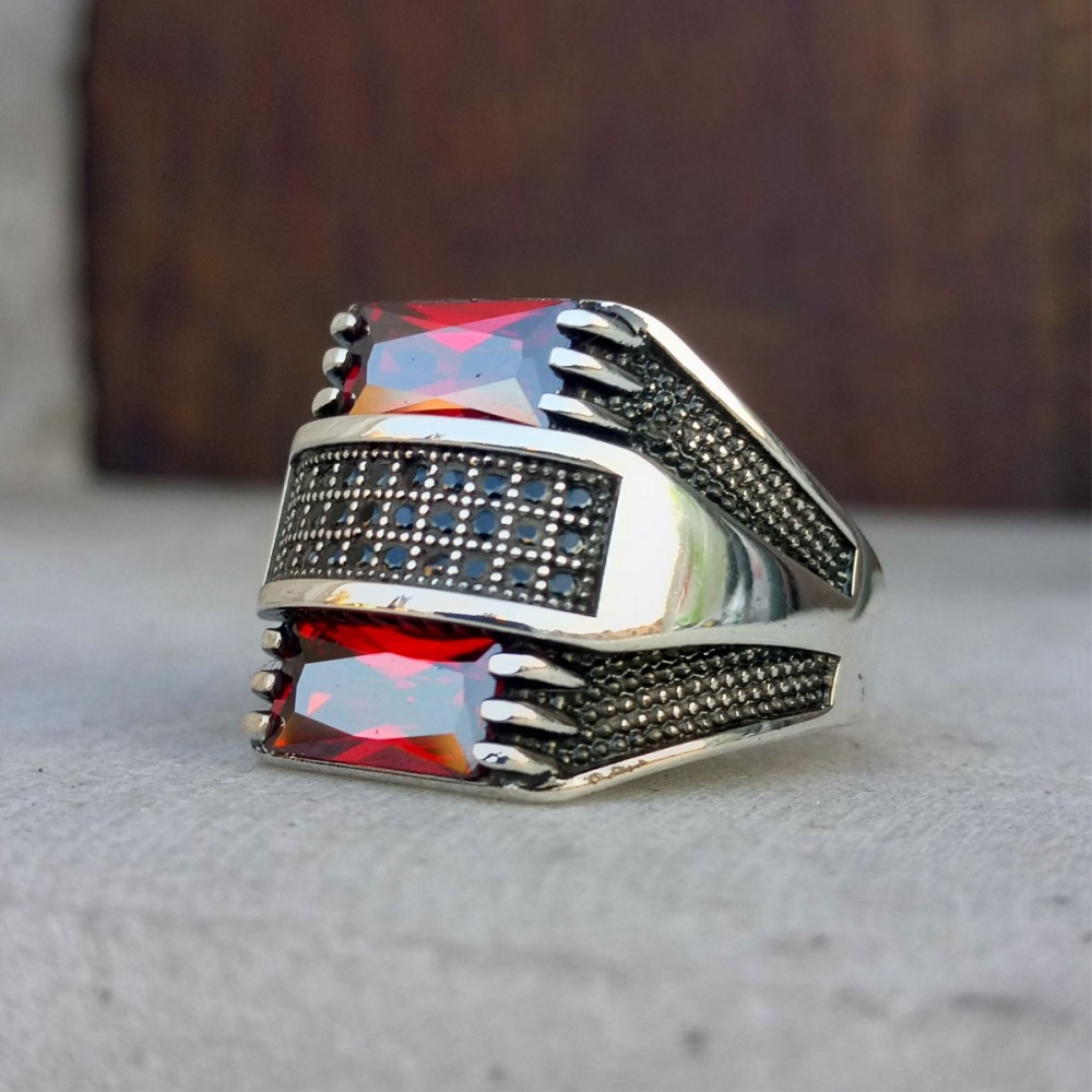 Kırmızı Baget Taşlı Erkek Gümüş Yüzük MY1011027 - Görsel 2