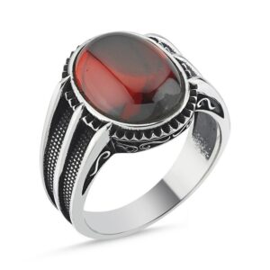 Kırmızı Kapşon Taşlı Erkek Gümüş Yüzük MY101811