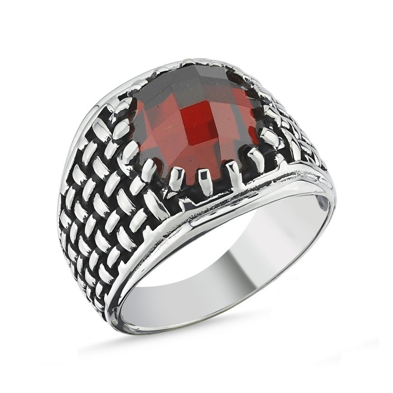 Motifli Kırmızı Taşlı Erkek Gümüş Yüzük MY101804