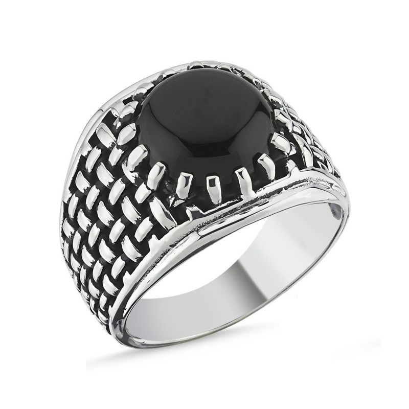 Motifli Siyah Taşlı Erkek Gümüş Yüzük MY101805