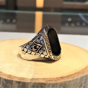 Oniks Taşlı Ay Yıldız Erkek Gümüş Yüzük MY102373