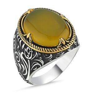 Sarı Kehribar Taşlı Erkek Gümüş Yüzük MY101821