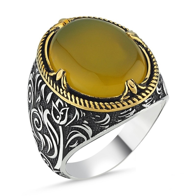 Sarı Kehribar Taşlı Erkek Gümüş Yüzük MY101821