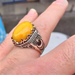 Sarı Zirkon Taşlı Ay Yıldız Erkek Gümüş Yüzük MY102239