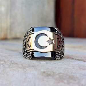 Teşkilat Siyah Taşlı Ay Yıldız Erkek Gümüş Yüzük MY102096