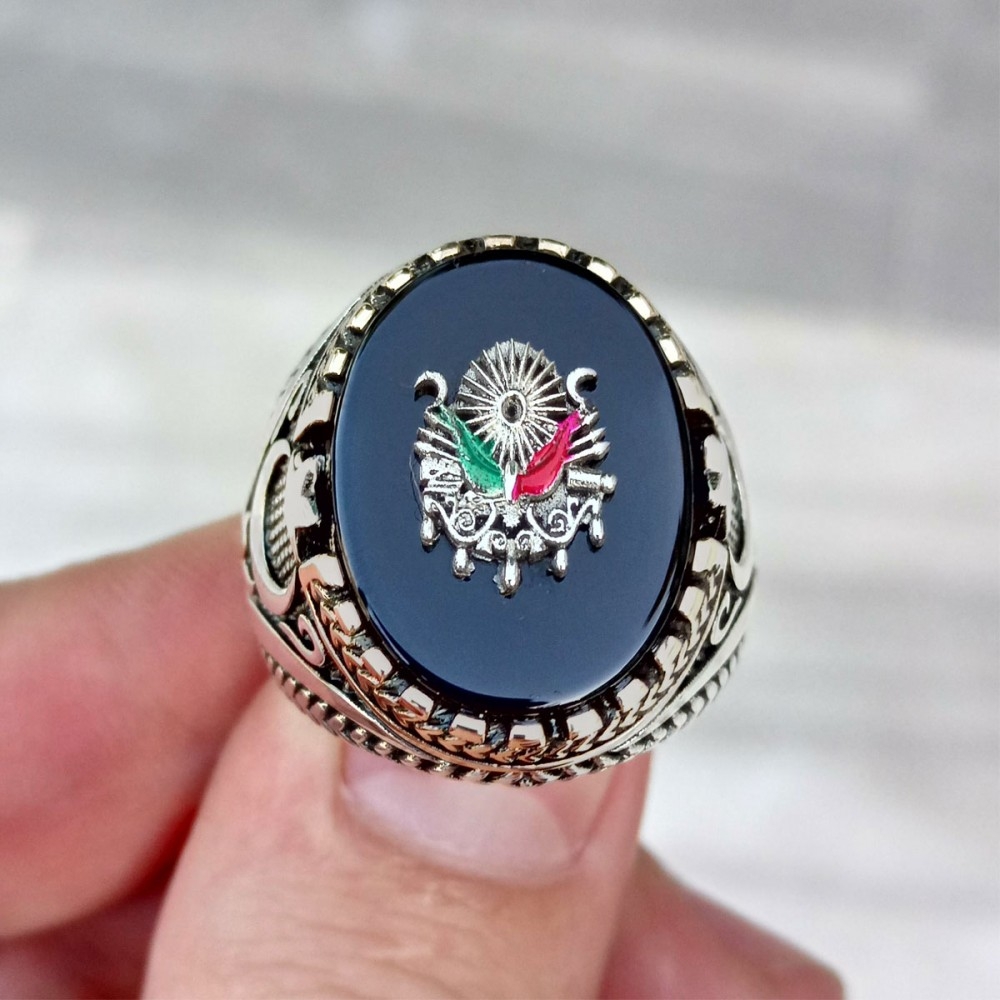 Siyah Taşlı Osmanlı Armalı Erkek Gümüş Yüzük MY102073