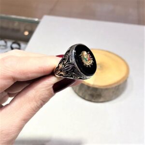 Siyah Taşlı Osmanlı Armalı Erkek Gümüş Yüzük MY102219