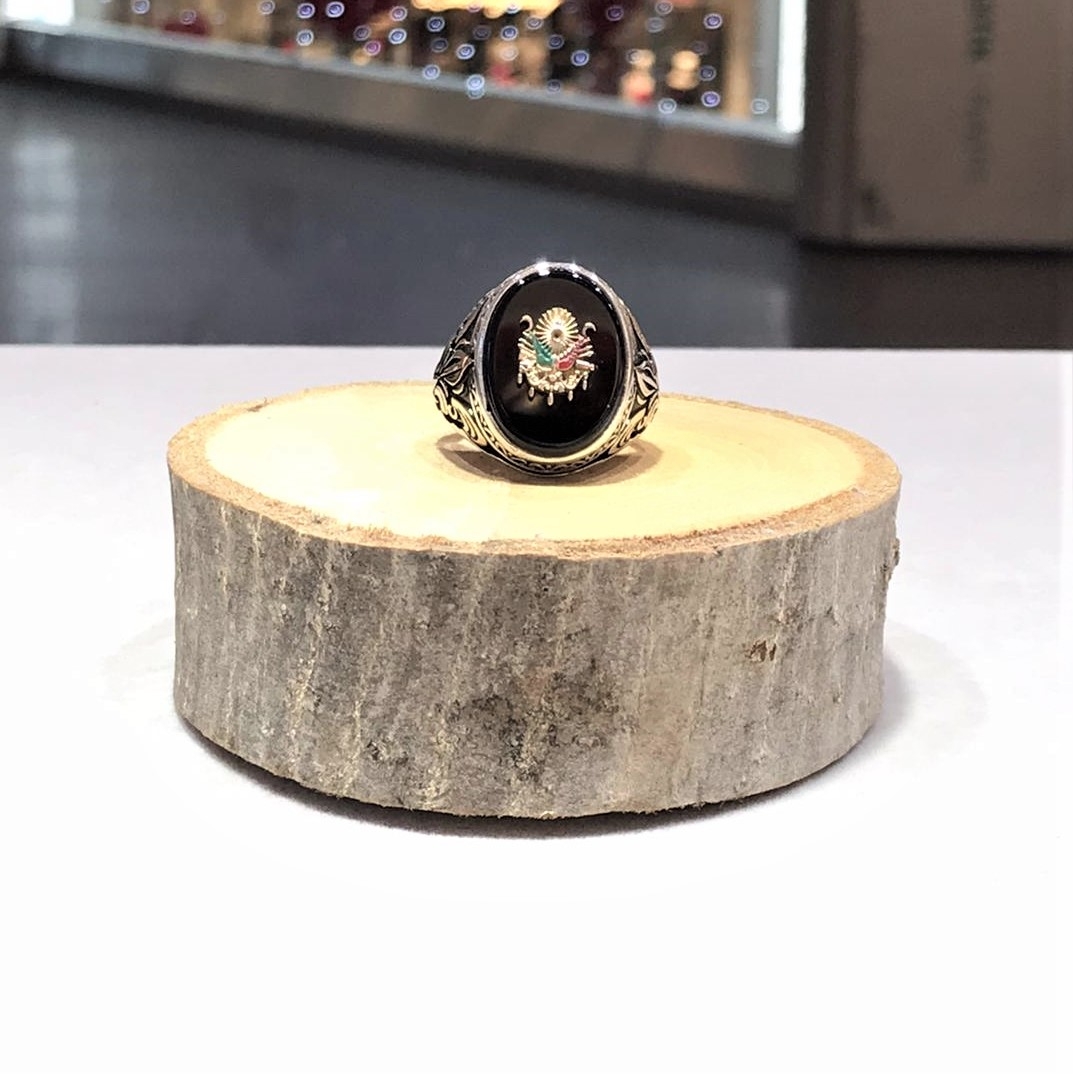 Siyah Taşlı Osmanlı Armalı Erkek Gümüş Yüzük MY102219 - Görsel 2