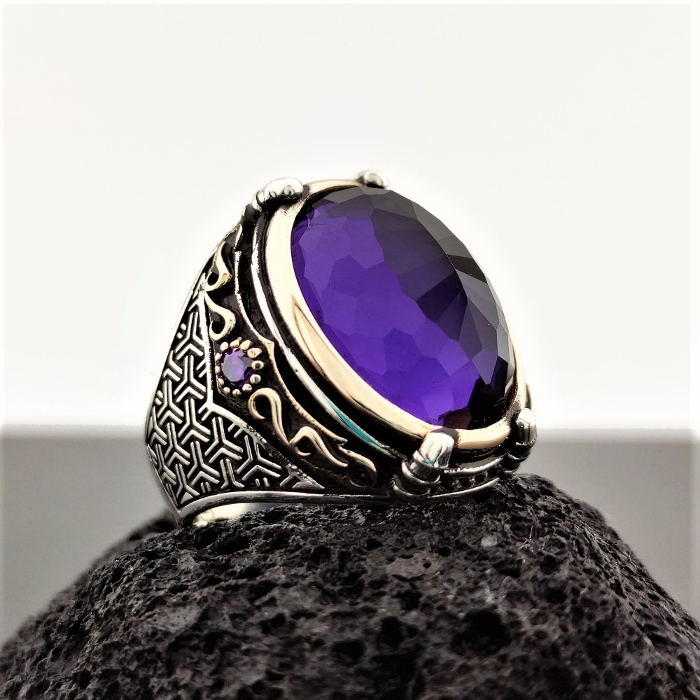 Tasarım Ametist Taşlı Gümüş Erkek Yüzük MY102495
