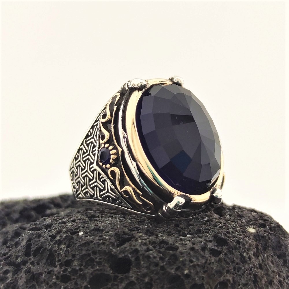 Tasarım Lacivert Taşlı Gümüş Erkek Yüzük MY102494