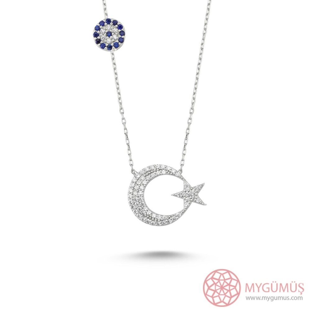 Taşlı Göz Boncuklu Ay Yıldız Gümüş Kolye MY101140