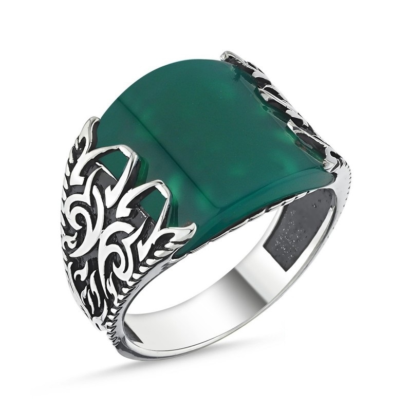 Yeşil Akik Taşlı Erkek Gümüş Yüzük MY101819