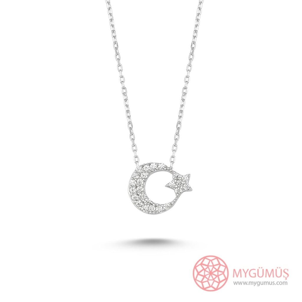 Zirkon Taşlı Ay Yıldız Gümüş Kolye MY0001002