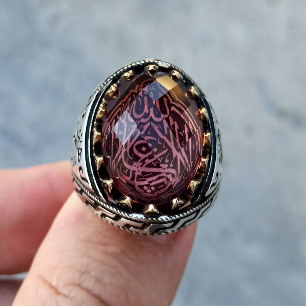 Zultanit Taşlı La Galibe İllallah Yazılı Erkek Gümüş Yüzük MY102066