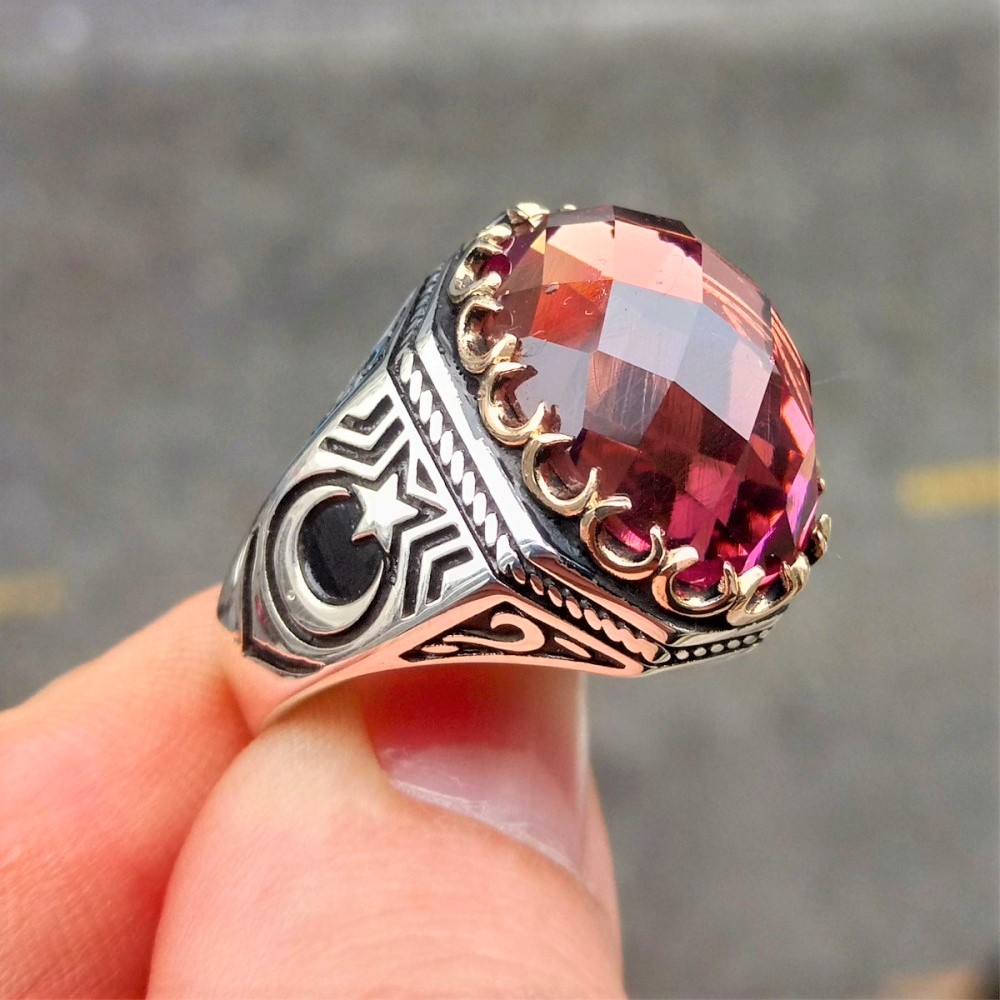 Zultanit Taşlı La Galibe İllallah Yazılı Hilal Motifli Erkek Gümüş Yüzük MY102314